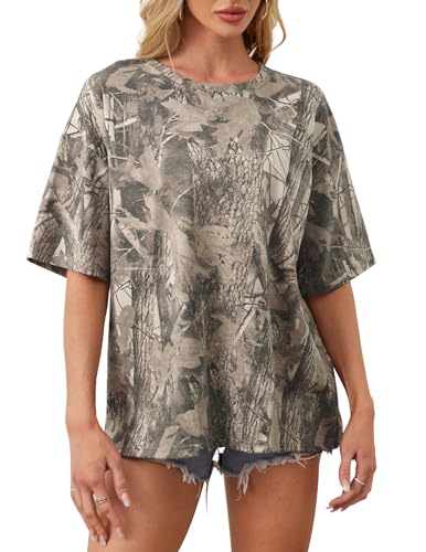 Womens Camo Shirt Maple Leaf Print Summer Tops Short Sleeve Oversized Crewneck T Shirts Loos Fit Graphic Tee