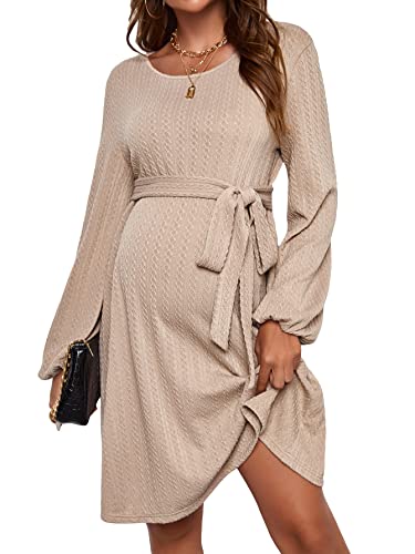 Oyoangle Women's Maternity Lantern Sleeve Belted Straight Hem Elegant Short Dress For Casual Wear Apricot M #TOP6