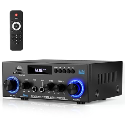 Romicta HiFi-Verstärker, Mini Bluetooth Stereo Audio Verstärker Receiver 12V/ 220V 800W 2 Kanäle Endverstärker Soundverstärker w/UKW-Radio, SD/USB-Karteneingang, für Zuhause...