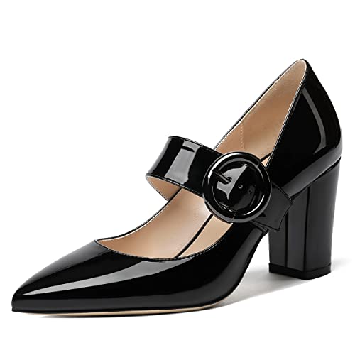 WAYDERNS Women's Pointed Toe Wedding Mary Jane Dress Adjustable Strap Circle Buckle Patent Solid Block High Heel Pumps Shoes 3.3 Inch