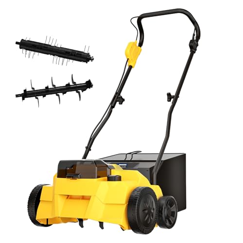 Mellif 14.2â€ Cordless Dethatcher + Scarifier for Dewalt 20V MAX Battery (No Battery Included), 5-Position Depth Adjustment, 600W Brushless Lawn Aerator with Removable 10.6-Gallon Collection Bag
