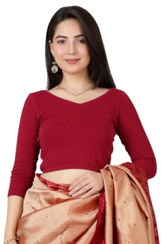 Image of Mlada V-Neck Stretchable Saree Blouse Top for Women | Slim Fit 3 /4th Sleeves Solid Cotton Blouses | Readymade Saree Blouses for Women Festive & Ethnic | Blouse Crop Top