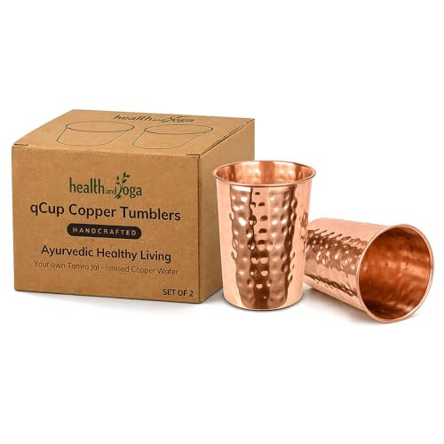 Image of HealthAndYoga qCup Hammered Pure Copper Glasses- 250 ml (Pack of 2)- For Purified Ayurvedic Anti-oxidant Tamra Water - Boosts Digestion, Immunity, Skin Glow- Drinkware, Bar accessory, Aesthetic Gift