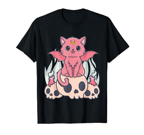Kawaii Pastel Goth Cute Creepy Demon Cat and Skull Anime Art T-Shirt