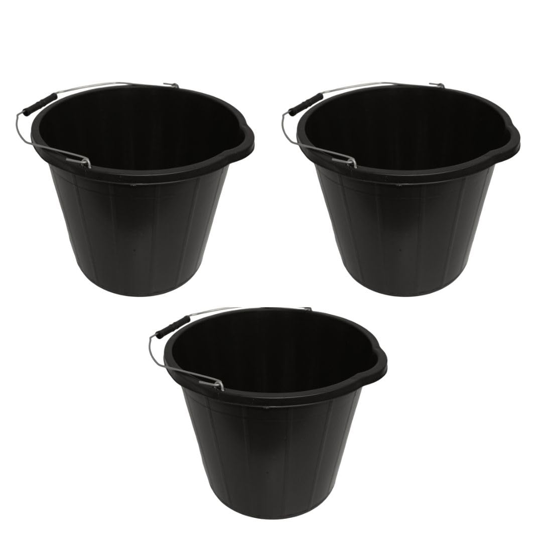 LITETRON Pack of 3 Builders Bucket, Black Plastic, 14L/3 Gallons, Heavy Duty Construction, Sturdy, Feed, Water, Garden Multipurpose (3)
