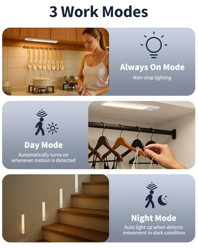 Image of Under Cabinet Lighting, 12 Inch Motion Sensor Light Indoor, 1800mAh USB Rechargeable Closet Light, 3 Color Temperature Operable LED Lights, Can Be Used for Wardrobes, Cabinets, Stairs (3 Pack)