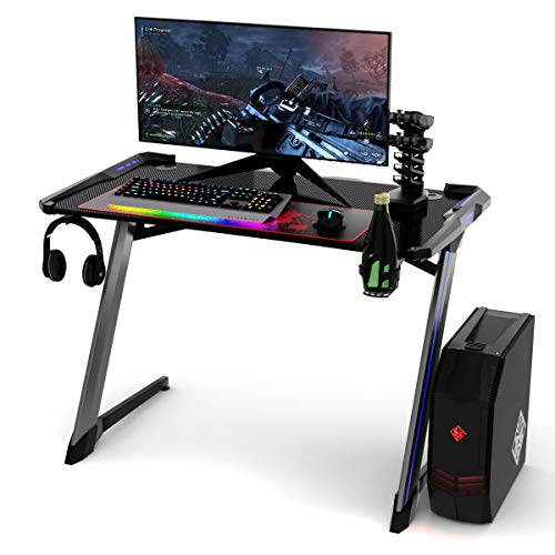 COSTWAY Gaming Computer Desk with USB Game Handle Rack, RGB LED Lights, Mouse Pad and Cup Headphone Holders, Ergonomic PC Racing Table Study Work Workstation, 120 x 64 x 75cm