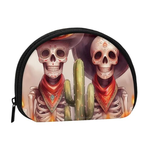 Portable Coin Purse Skull-Marigold-Candle-Cactus Mini Zippered Money Pouch Card Holder