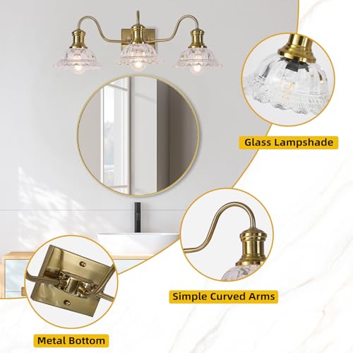 Image of Champagne Gold Vanity Lights, 3-Light Bathroom Light Fixtures with Clear Glass Shade, Vintage Vanity Lights Over Mirror, Farmhouse Wall Light for Bathroom, Vanity Table, Bedroom, Hallway