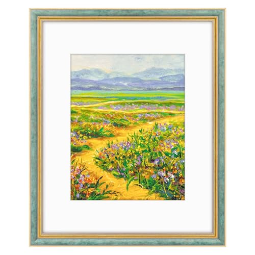 Image of Golden State Art,16x20 Ornate Picture Frame Holds 11x14 Photo,Blue Gold | Includes plexiglass front,white mat,build-in hangers and buttons.Displays 11x14 photo on wall