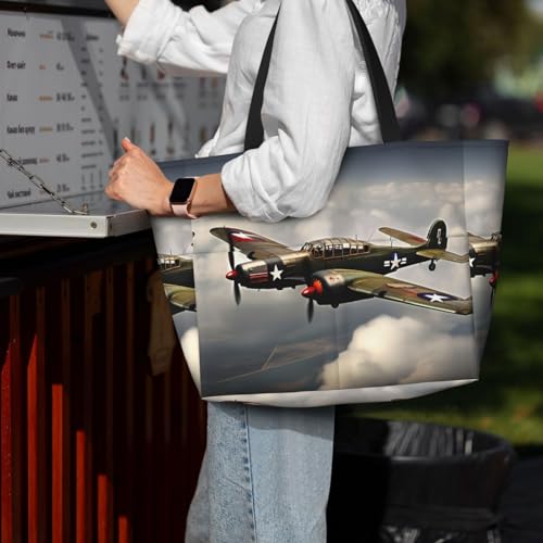 Sacs à main décontractés pour femme grand sac de travail imprimé avion guerre mondiale noir