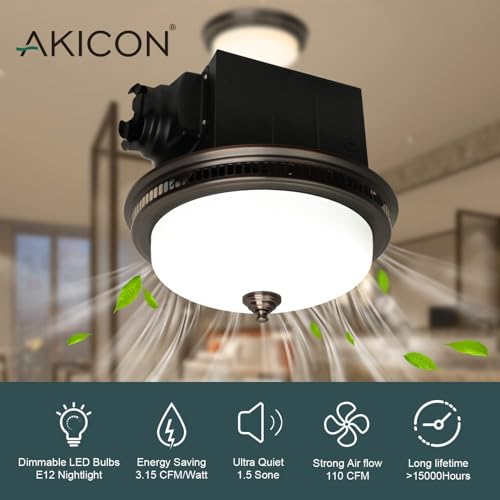 Image of Akicon Bathroom Exhaust Fan with Light, Ultra Quiet 110 CFM 1.5 Sones Ventilation Exhaust Bathroom Fan Light Combo and Nightlight, 3 Years Warranty (Oil Rubbed Bronze)