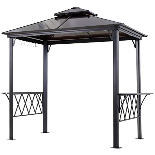 Outsunny 9' x 5' Grill Gazebo, Hardtop BBQ Gazebo Canopy with 2-Tier Polycarbonate Roof, Shelves Serving Tables and Hooks, for Backyard Patio Lawn
