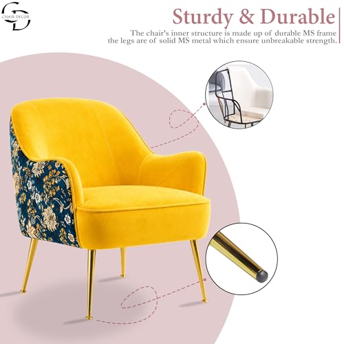 Image of Accent Chair with Ottoman | Modern Velvet Lounge Chair with Floral Designer Back | Upholstered Armchair for Living Room, Bedroom & Cafe | Golden Legs (Yellow Floral)