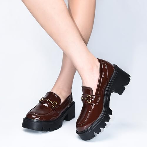 Image of Black Platform Loafers for Women - Women's Slip-On Leather Loafers, Chunky Comfort Shoes for Work & Dressy Occasions