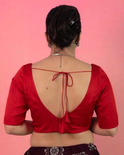 Image of FIGURE'S DESIGNER Women's Dupion Raw Silk Half Elbow Sleeves Sweetheart V Neck Sabyasachi Cut Readymade Saree Blouse S10