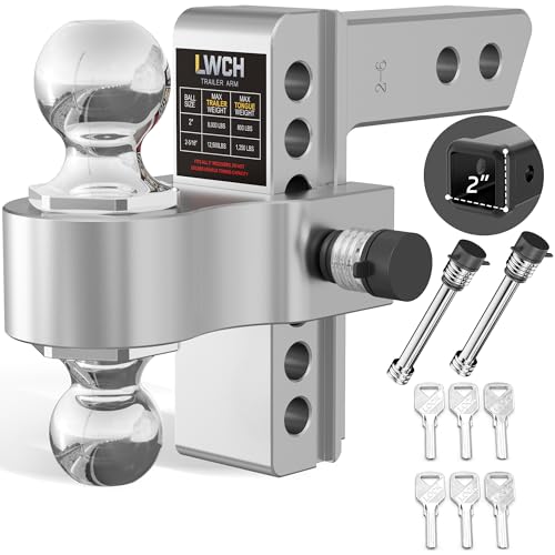 LWCH Adjustable Trailer Hitch Fit 2 Inch Receiver 12 500 LBS GTW Heavy Duty Aluminum Drop Hitch with 2 & 2-5/16 Chrome Plated Steel Ball Mounts for Trucks 6 Inch Drop/Rise 2 Anti-Theft Pins