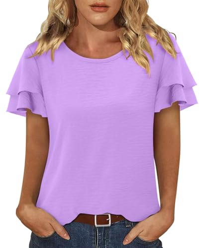 CRAZY GRID Women's Shirts Summer Casual Crewneck Ruffle Short Sleeve Blouses Cute Floral Print Tunic Tops