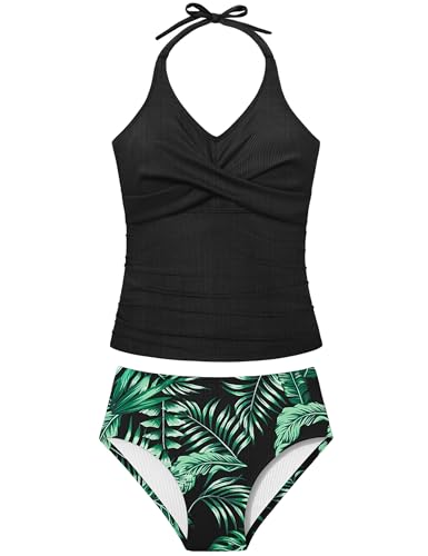 Girls Swimsuits 2 Piece Halterneck Bathing Suit Criss Cross Ruched Printed Tankini Swimwear Set for 9-16 Years