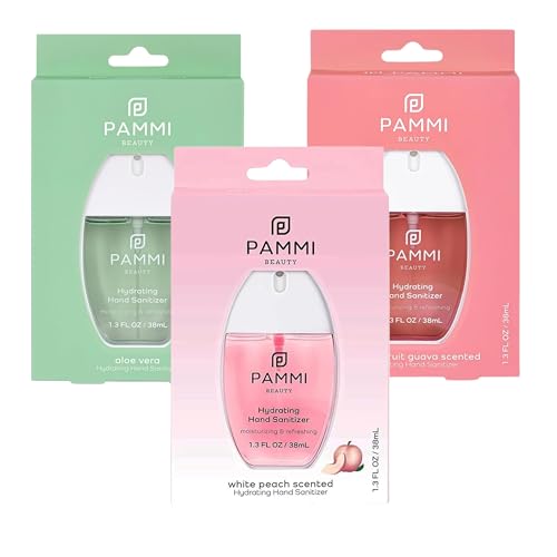 Image of PAMMI Power Mist Hydrating Hand Sanitizer Spray, Portable Travel Size Pocket Hand Sanitizer, Scented Handsanitizer Mini Spray For Car - 600 Sprays (3 Packs (Aloevera, Peach, Guava))