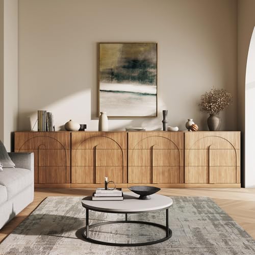 Image of BELLEZE Sideboard Cabinet with 3 Drawers, Set of 4 Modern Wood Buffet Cabinet with Arc Design, Large Fluted Sideboard with Storage for Kitchen Living Room Entryway, Camel