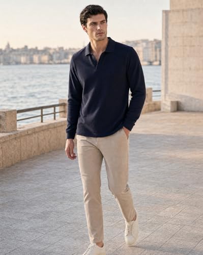 Image of Nobero Popcorn Textured Full Sleeve Polo T-Shirt for Men | Regular Fit