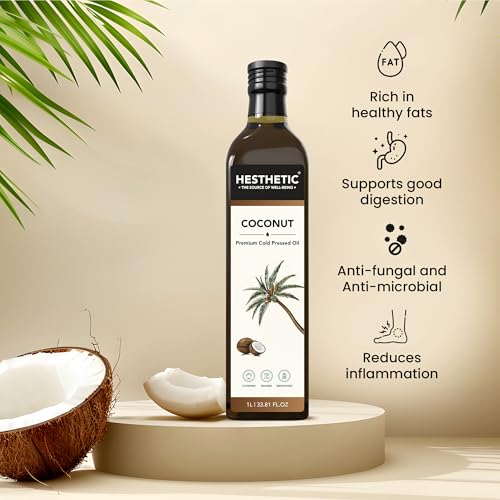 Image of HESTHETIC Cold Pressed Virgin Coconut Oil 1L | Pure Nariyal Tel (VCO) | Unrefined Food-Grade Coconut Oil for Cooking, Baking & Kerala Cuisine | Glass Bottle