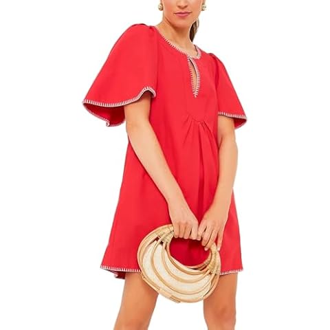 HOULENGS Women's Summer Ruffle Short Sleeve A Line Mini Dress Casual Contrast Trim V Neck Short Dress with Pockets Red Large Cover