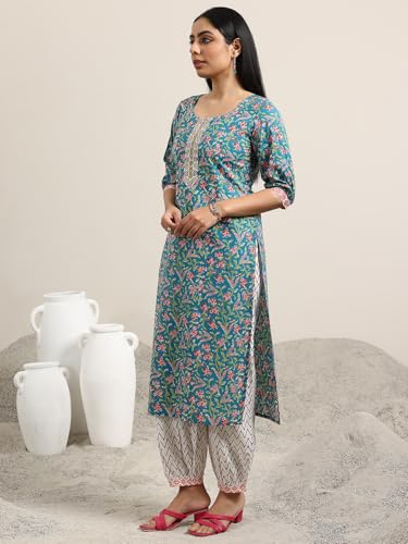 Image of Libas Printed Cotton Straight Kurta With Salwar and Dupatta | daily wear suit