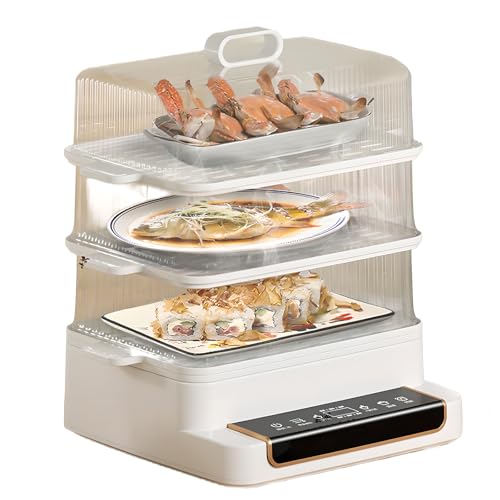 Vaporera eléctrica para alimentos, generación rápida de vapor de 800 W, vaporera de verduras de tamaño familiar de acero inoxidable con temporizador, tapa transparente, fácil de limpiar para el hogar