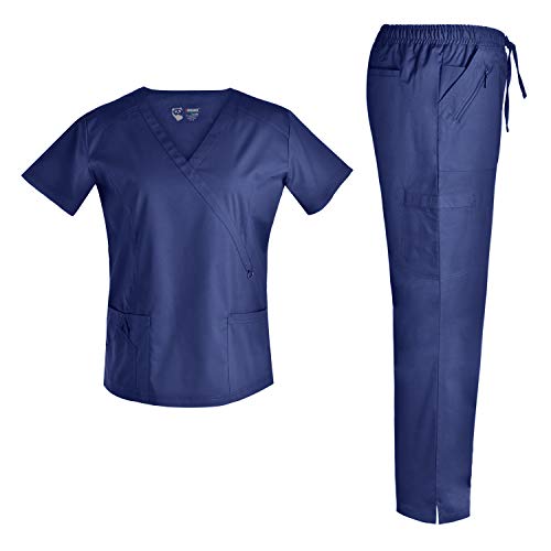 Women Stretch Scrubs Set - Pandamed Stretch Scrubs Mock Wrap Scrubs top Scrubs Pants Multiple Pockets TCS3101 (Navy, XL)