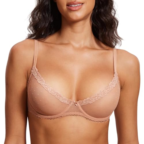 Image of DOBREVA Women's Sheer Mesh Demi Bra Underwire Balconette | Dotted Mesh, Lace Trim, See Through, Plus Size, Smooth, Soft