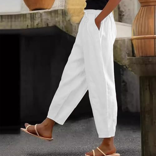 Womens Cotton Linen Palazzo Pants Drawstring Elastic Waist Casual Beach Pants Summer Wide Leg Trousers with Pockets3