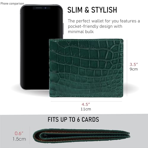 Image of Mens Green Black Slim Bifold Leather Wallets RFID Blocking Leather Wallet Double Side Luxury Passcase with ID Window Classic Handmade Gift for Dad Son Husband Boyfriend, Wedding, Father's Day VIMIX-81