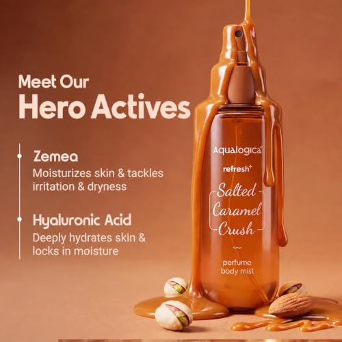 Aqualogica Refresh+ Perfume Body Mist - Salted Caramel Crush | Mouthwatering Gourmand Scent | Long Lasting Fragrance | Double Duty for Hair & Body | Non-Irritating & Hydrating | Infused with Zemea & Hyaluronic Acid | For Men & Women | 150 ml - view 2
