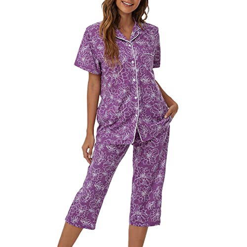 Image of Tugege Capri Pajamas Set Womens Button Down Short Sleeve Lounge Sets Sleepwear Notch Collar Top & Capri 2 Piece PJ Sets