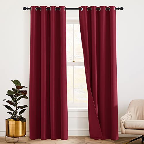 RYB HOME Noise Absorbing Blackout Energy Efficiency 3-in-1 Curtain Set with Detachable Felf Liner Full Privacy Wall Divider Drapes for Living Room Patio Door, Burgundy Red, W 52 x L 108, 2 Pcs