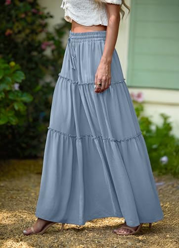 Image of Lepunuo Womens Casual Boho High Waisted Flowy Maxi Skirts Tiered Floral Long Skirts with Pockets for Summer Beach Vacation