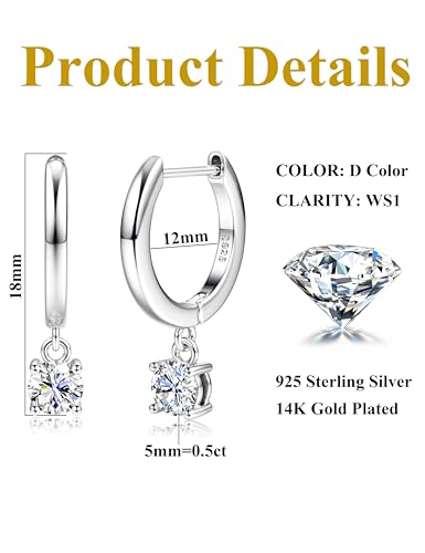 Moissanite Earrings,S925 Sterling Silver Moissanite Hoop 1.0ct-2.0ct D Color Brilliant Earring For Women Drop Dangle Earring Moissanit e Leverback for Women Gift2
