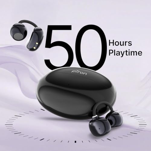 Image of pTron Bassbuds Verse Clips Wireless Open Ear Earbuds w /SafeBeats Tech, 50Hrs Playtime, Dual HD Mics, TruTalk AI-ENC, Custom EQ, Mobile App, Pristine Sound, BTv6.0 Earclips, Type C Charging (Jet Black)