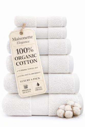Maisonette Elegance 100% Organic Cotton Turkish Bathroom Towels Set Ideal Quick Dry Luxury Washcloths Hand & Large Luxury Bath Towels for Shower (6 Pack) White