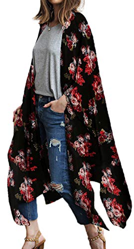FINOCEANS Womens Long Kimono Cardigan Floral Chiffon Beach Cover Up Black Large