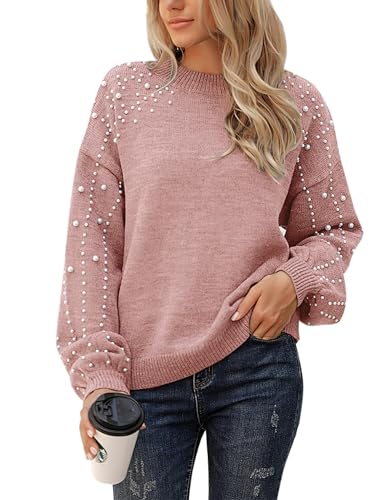 Image of Blooming Jelly Women's Chunky Sweater Crewneck Sweatshirt Knit Lantern Sleeve Oversized Pullover Sweater with Pearls