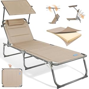 Homecall Sonnenliege Klappbar Mit Dach, Kopfstütze, 5-Fach Verstellbare Rückenlehne, 200 x 70 cm Gartenliege Wetterfest, Garten Liegestuhl Klappbar Leicht, Bis 180 kg für Garten, Balkon - XXL, Beige