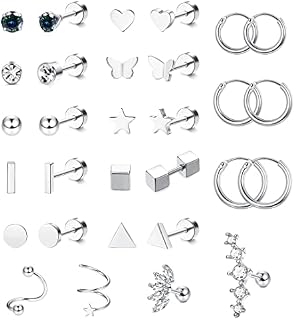 JeweBella 15 Pairs Small Stud Earrings Set for Women Men Surgical Steel Cartilage Helix Hoop Earrings Hypoallergenic Tiny Star Moon Opal Zirconia Flat Back Piercing Stud Earrings Set