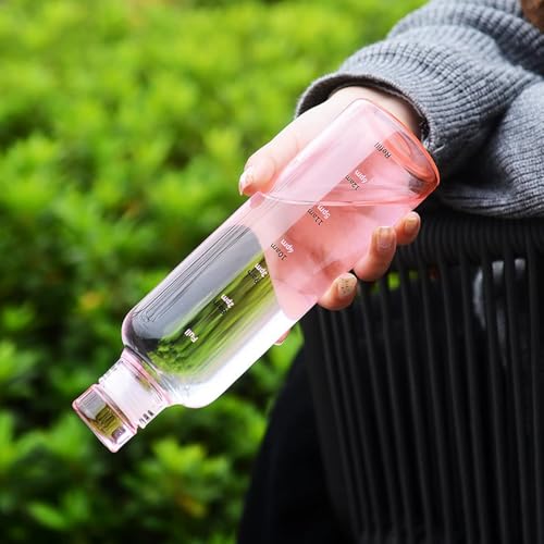 Image of Glass Water Bottle with Time Marker - 500ml Leakproof Reusable Bottle - BPA-Free Transparent Bottle with Colored Lids - Drinking Fridge Bottles Water, Milk, Lassi, Juices, Beverages (pink)