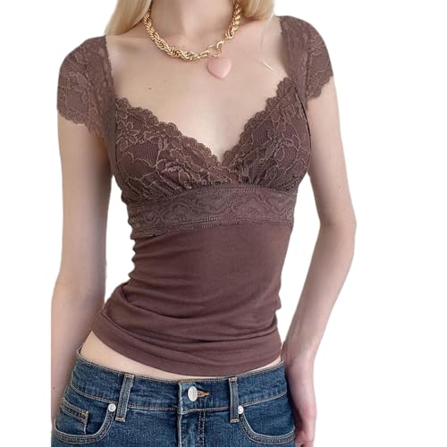 Yassiglia Women Y2K Vintage Graphic Tops Summer Short Sleeve Crew Neck Shirt Goth Punk Crop Top Slim Fit Baby Tees Grunge Aesthetic Clothes for Girls (Brown Lace, S)