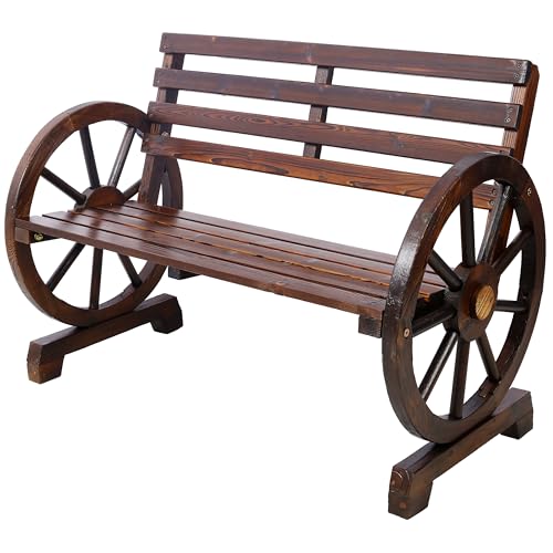 Image of 2 Person Wooden Wagon Wheel Bench for Backyard, Patio, Porch, Garden, Outdoor Lounge Furniture w,Rustic Country Design, Slatted Seat and Backrest Brown