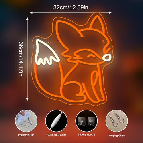 Image of Fox Neon Sign Animal Neon Light for Classroom Bedroom Living Room Fox Wall Decor Anime LED Sign Orange Light Up Library Nursery Book Store Birthday Gifts for Teens Animal Lovers
