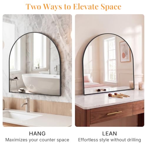 Image of Sweetcrispy 31 inchx32 inch Arched Black Bathroom Mirror, Bathroom Mirrors for Over Sink, Modern Wall Mirrors Arch Decorative for Entryway, Bedroom, Vanity,Horizontal or Vertical Hanging